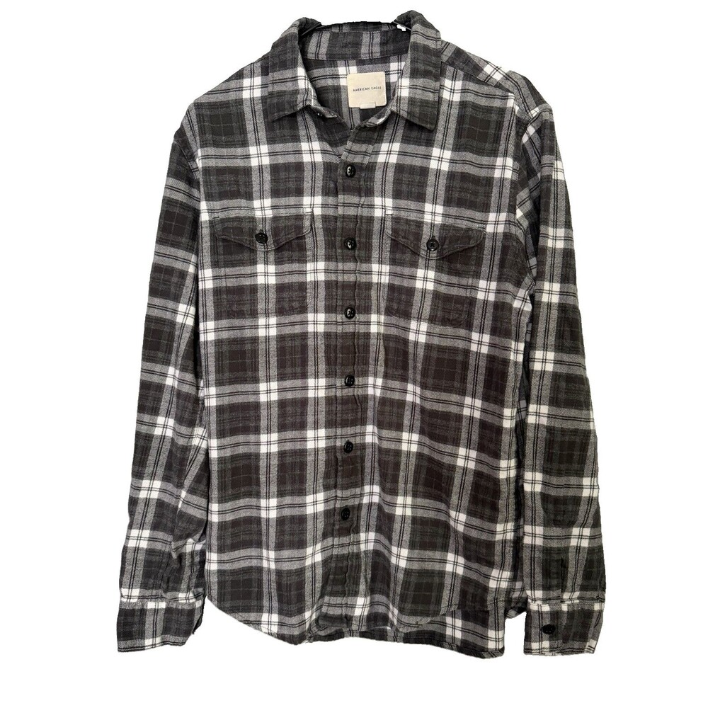 American Eagle Mens Flannel Shirt Medium Plaid Button Up Black White Long Sleeve
